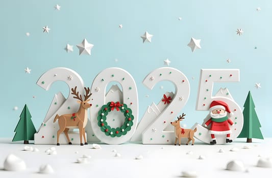 The numbers 2025 are designed in a origami style, formed from snowy mountains and stars. Beside them are icons of Santa, reindeer, and Christmas wreaths, adding to the festive theme. High quality photo