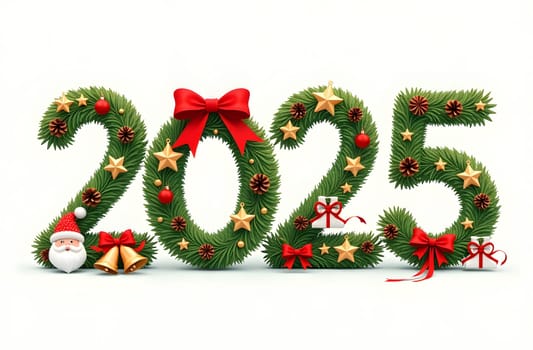 Explore the stunning 2025 numbers designed as Christmas wreaths, embellished with stars, pine cones, and ribbons. Celebrate the holiday season with this enchanting and festive decoration. High quality photo