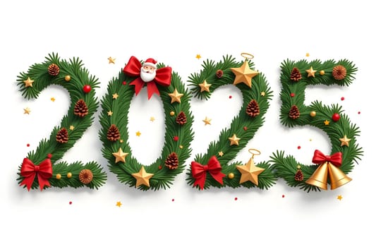 Discover the beautiful 2025 numbers styled as Christmas wreaths, adorned with stars, pine cones, and ribbons. Embrace the festive spirit with this charming holiday decoration. High quality photo
