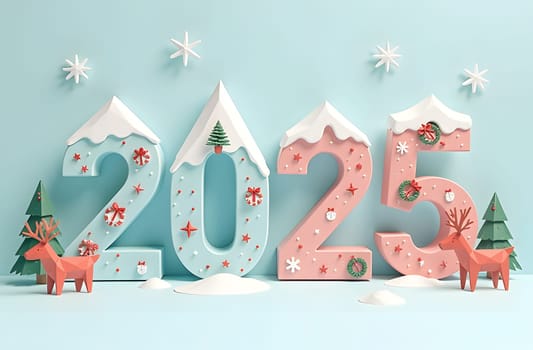 Admire the 2025 numbers styled in origami, crafted from snowy mountains and stars. Accompanied by icons of Santa, reindeer, and Christmas wreaths, this simple yet modern composition features pastel hues. High quality photo