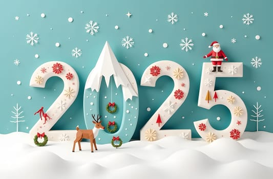 Marvel at the 2025 numbers designed in origami, featuring snowy mountains and stars. Paired with icons of Santa, reindeer, and Christmas wreaths, this modern composition showcases soft pastel tones. High quality photo