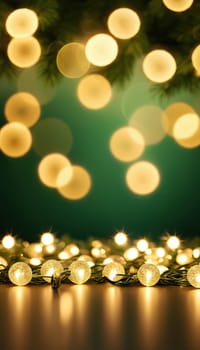 Vertical wallpaper. Copy space. Used for digital decorative backgrounds, cards and holiday promotions.Christmas light decorations with a golden diffused background
