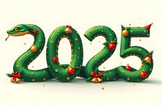 Be captivated by the 2025 numbers designed to resemble coiled snakes, featuring curves that mimic snake scales. Surrounded by snowflakes and Christmas ornaments, this design brings a playful festive vibe. High quality photo