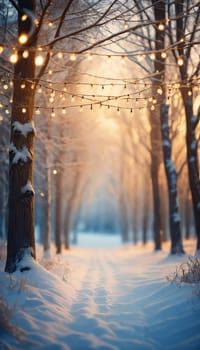Snowy road with luminous ornaments. Festive vacation background with garland of lights.Format for digital backgrounds, graphic resources for Christmas invitations and announcements on social networks.