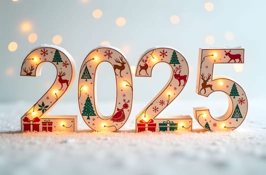 Experience the 2025 numbers created from sparkling Bengal lights, surrounded by large, gently falling snowflakes. This festive design beautifully captures the magic and joy of the holiday season. High quality photo