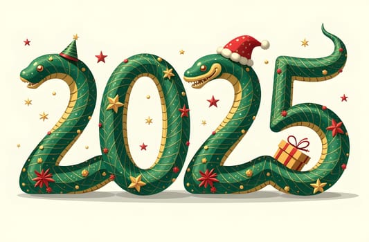 Admire the 2025 numbers shaped like coiled snakes, with curves resembling snake scales. Surrounded by icons of snowflakes and Christmas ornaments, this design adds a whimsical touch to the festivities. High quality photo