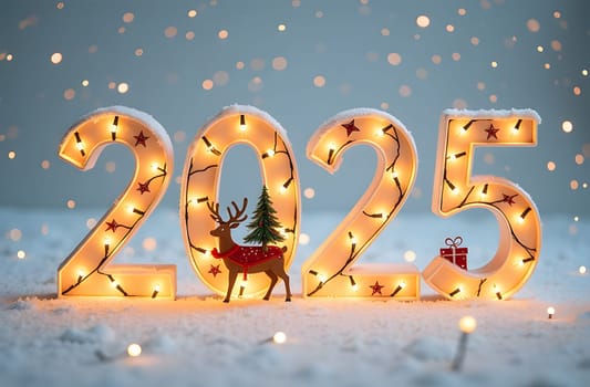 Discover the enchanting 2025 numbers made from Christmas garlands, each filled with simple illustrations of Santa, reindeer, Christmas trees, and gifts. Celebrate the holiday spirit. High quality photo