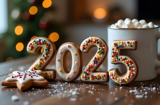 Enjoy the delightful 2025 numbers styled like gingerbread cookies, beautifully adorned with colorful icing. Celebrate the festive season with this sweet and charming holiday decoration. High quality photo