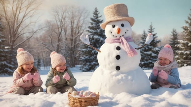 Two cheerful snowmen, adorned with colorful scarves and hats, brighten a snowy landscape. The scene captures the essence of winter playfulness under a clear blue sky.
