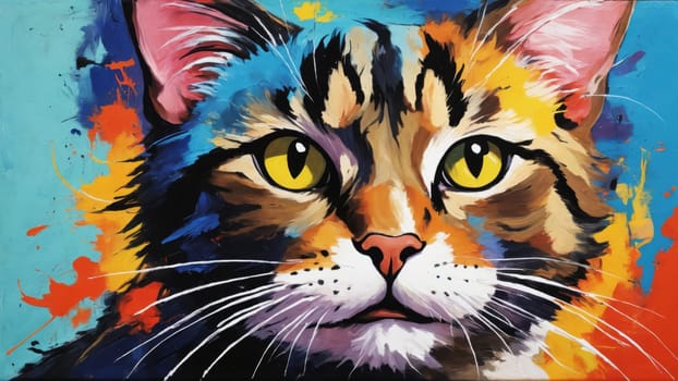 A radiant cat with striking green eyes and an expressive face captures attention, surrounded by a dynamic explosion of colorful splashes that bring the artwork to life.