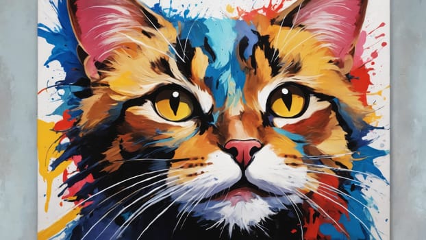 A radiant cat with striking green eyes and an expressive face captures attention, surrounded by a dynamic explosion of colorful splashes that bring the artwork to life.