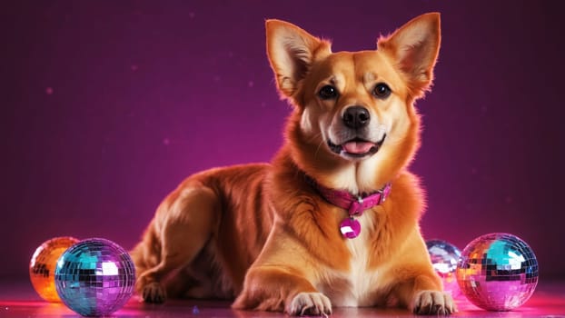 In a lively atmosphere filled with colorful lights, a playful dog poses confidently among shimmering disco balls. The setting radiates energy and joy, perfect for a festive celebration.
