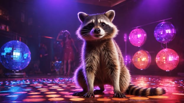 A raccoon energetically dances on a colorful floor surrounded by partygoers. The atmosphere is vibrant, with flashing lights creating a joyful and festive environment at nighttime.