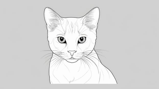 A captivating white cat sits calmly, its striking features highlighted against a muted grey background. The feline's expressive eyes reflect curiosity and playfulness, drawing the viewer's attention.