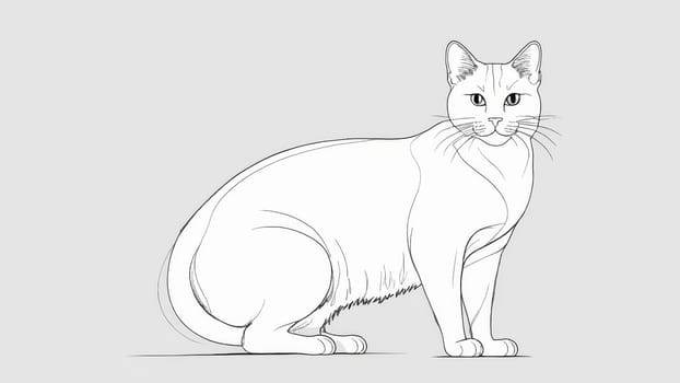 A captivating white cat sits calmly, its striking features highlighted against a muted grey background. The feline's expressive eyes reflect curiosity and playfulness, drawing the viewer's attention.