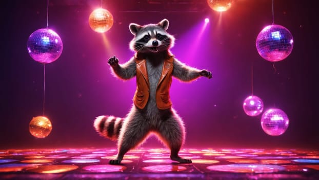 In a burst of color, a raccoon wears a stylish orange vest and grooves joyfully on a lively dance floor, surrounded by sparkling disco balls reflecting vibrant lights during a festive night.