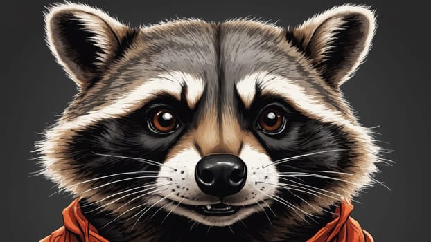 This lively raccoon character displays a friendly smile, adorned in an orange hoodie, set against a striking blue backdrop. The scene radiates warmth and charm, inviting joy.