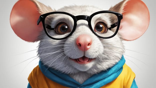 A cute cartoon mouse with oversized ears and bright red glasses beams happily while dressed in a blue hoodie. The warm backdrop adds to the delightful charm of this whimsical character.