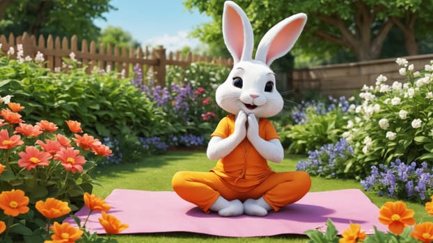 A cheerful white rabbit sits cross-legged on a mat surrounded by colorful flowers, soaking in the tranquility of a sunlit forest. Nature hums with life, creating a perfect moment of peace and joy.