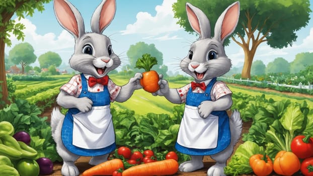 Two adorable rabbits wearing aprons joyfully share a freshly harvested carrot in a lush garden filled with colorful vegetables under a bright sky.