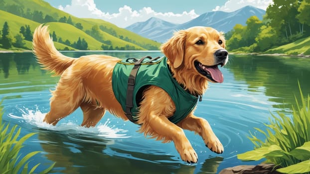 A golden retriever revels in the cool waters of a river, its vibrant fur glistening in the sunlight as it playfully splashes around in an idyllic, green landscape.