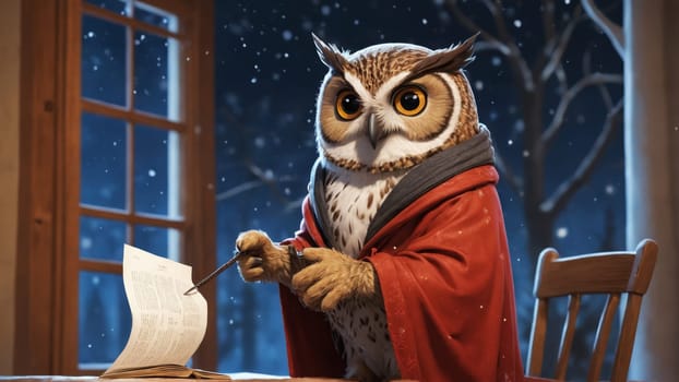 Under the soft glow of a lantern, a wise-looking owl in a cloak stares contemplatively. The peaceful winter ambiance creates a sense of mystery and warmth.