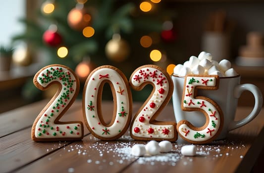 The numbers 2025 are crafted from festive gingerbread cookies, decorated with icing and colorful sprinkles. Beside them is a mug of hot chocolate topped with marshmallows. In the background, a cozy Christmas kitchen is adorned with a beautifully lit tree. High quality photo