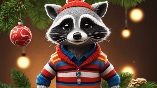 This delightful raccoon, dressed in a striped sweater and a red beanie, stands amidst holiday decorations, showcasing its charming smile against the backdrop of twinkling lights and ornaments.