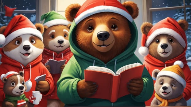 Five adorable bears, dressed in colorful winter hats, joyfully read holiday tales together under a starry sky amid a serene snowy landscape, celebrating the season of joy and friendship.
