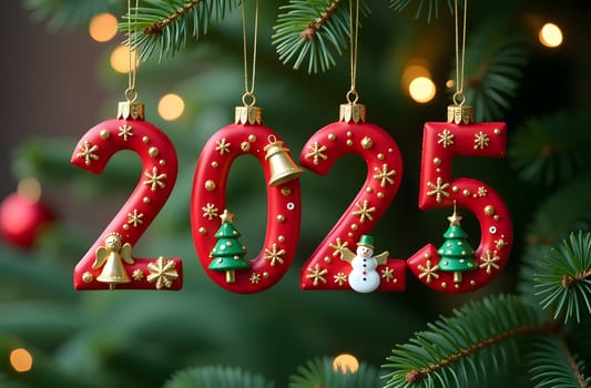 Marvel at the charming 2025 numbers designed as Christmas ornaments hanging from branches. Each digit features simple icons of angels, bells, trees, and snowmen, perfect for the holiday spirit. High quality photo