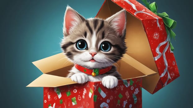 A curious kitten with striking blue eyes emerges from a vibrant, festive gift box. The box is adorned with seasonal wrap, showcasing a delightful holiday atmosphere.