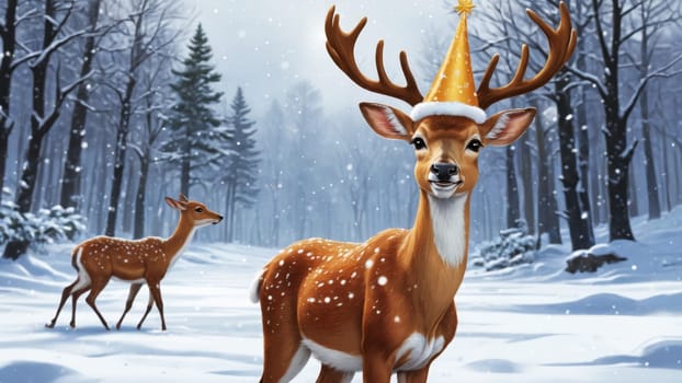 In a winter forest blanketed with snow, a cheerful deer adorned with a festive hat stands proudly, while a gentle fawn grazes nearby, creating a serene and magical atmosphere.