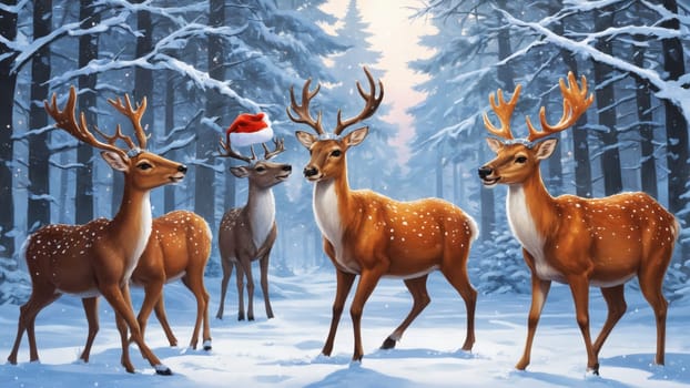 In a winter forest blanketed with snow, a cheerful deer adorned with a festive hat stands proudly, while a gentle fawn grazes nearby, creating a serene and magical atmosphere.