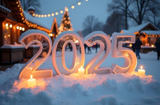 The numbers 2025 are sculpted from ice and snow, surrounded by glowing candles and twinkling string lights. In the background, a festive Christmas market features decorated stalls and snow-covered hills, creating a magical winter scene. High quality photo