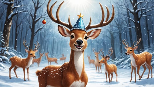 In a winter forest blanketed with snow, a cheerful deer adorned with a festive hat stands proudly, while a gentle fawn grazes nearby, creating a serene and magical atmosphere.