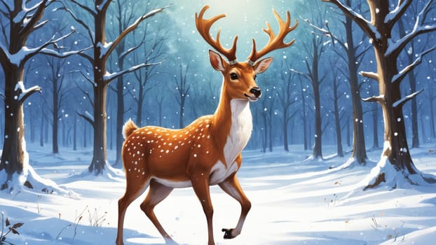 A group of graceful deer stands amidst a tranquil snowy forest, illuminated by soft sunlight filtering through the trees. The serene atmosphere highlights their beauty and peaceful coexistence.