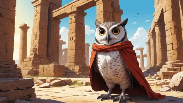 The noble owl stands proudly with a flowing crimson cape, surrounded by crumbling columns and a warm golden backdrop, evoking a blend of fantasy and history in a magical setting.