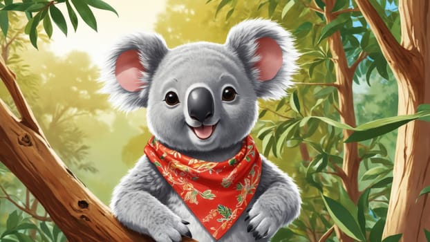 Amidst vibrant greenery, a joyful koala with a bright bandana sits comfortably on a branch, exuding charm and playfulness. The setting evokes a sense of wonder and tranquility.