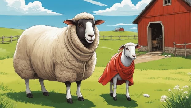 In a picturesque countryside, a happy sheep adorned with a red scarf basks under the bright sun. Surrounding it are playful companions grazing contentedly in lush green grass.