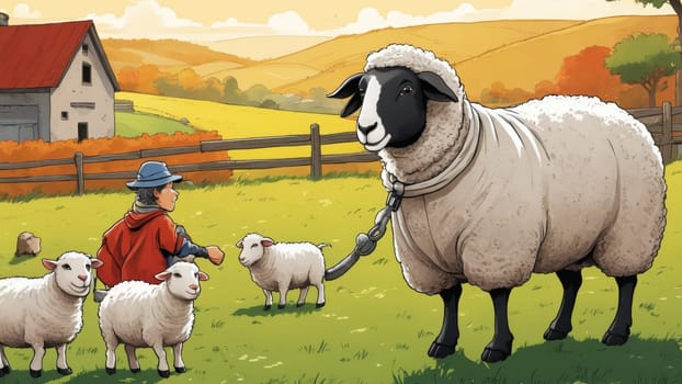 A young boy wearing a red cape walks alongside a comically large sheep, while smaller sheep graze nearby. The backdrop features rolling fields and a cozy farmhouse, capturing a tranquil rural vibe.