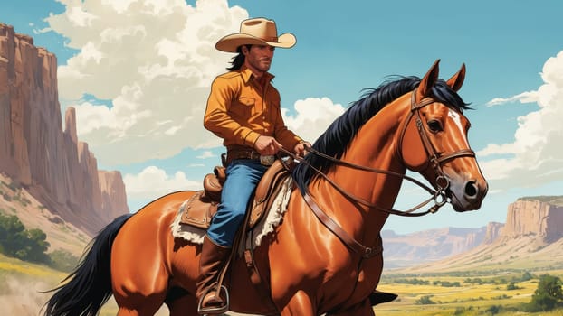 Under a vast blue sky dotted with clouds, a cowboy skillfully navigates his powerful horse through the stunning desert terrain, embodying the spirit of adventure and freedom.