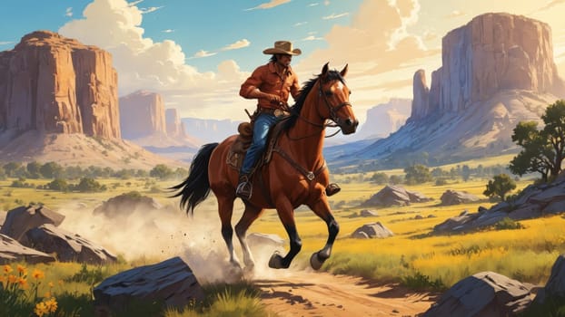 Under a vast blue sky dotted with clouds, a cowboy skillfully navigates his powerful horse through the stunning desert terrain, embodying the spirit of adventure and freedom.