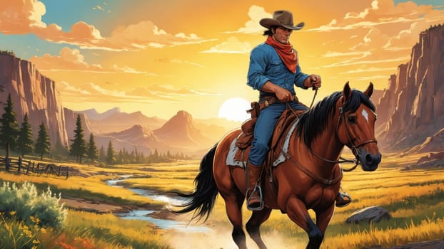 Under a breathtaking sunset, a cowboy in a hat skillfully rides his brown horse through a stunning desert landscape. The warm colors illuminate the vast mountains in the background.