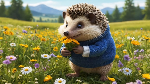 In a colorful meadow filled with wildflowers, a joyful hedgehog wears a warm sweater while gently holding a bouquet of blossoms, with bright petals surrounding it and clear blue skies above.