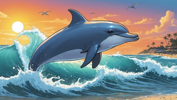 As the sun sets on a tropical horizon, a dolphin leaps gracefully over crashing waves, capturing the beauty of nature and the joy of marine life in a picturesque coastal setting.