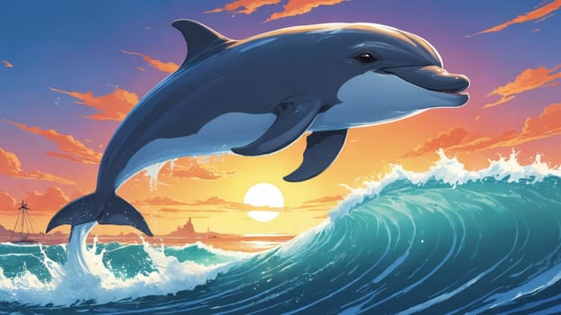 As the sun sets on a tropical horizon, a dolphin leaps gracefully over crashing waves, capturing the beauty of nature and the joy of marine life in a picturesque coastal setting.