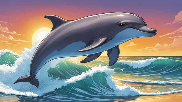 A lively dolphin springs from the turquoise waves, silhouetted against a vibrant sunset, with palm trees framing the tropical beach scene. The warm glow reflects the joy of nature.
