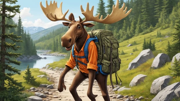 A majestic moose ambles down a serene forest path, adorned with a green backpack. Sunlight filters through the trees, illuminating the vibrant greenery surrounding it.