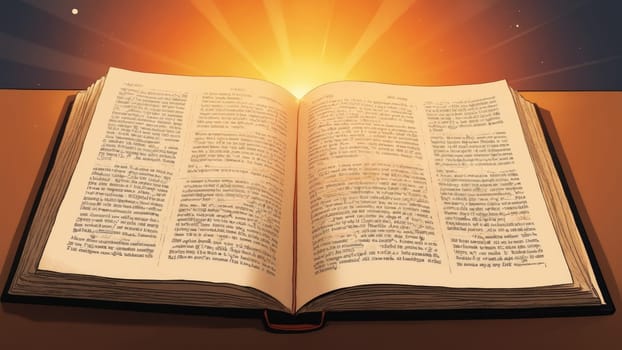 As the sun begins to rise, warm rays illuminate the open pages of a book, revealing carefully printed words filled with knowledge, inviting readers to explore its depths.