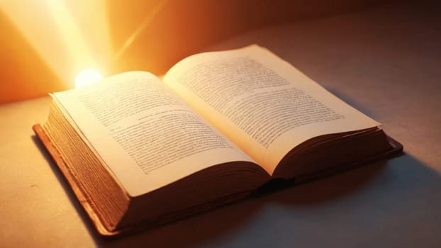 As the sun begins to rise, warm rays illuminate the open pages of a book, revealing carefully printed words filled with knowledge, inviting readers to explore its depths.